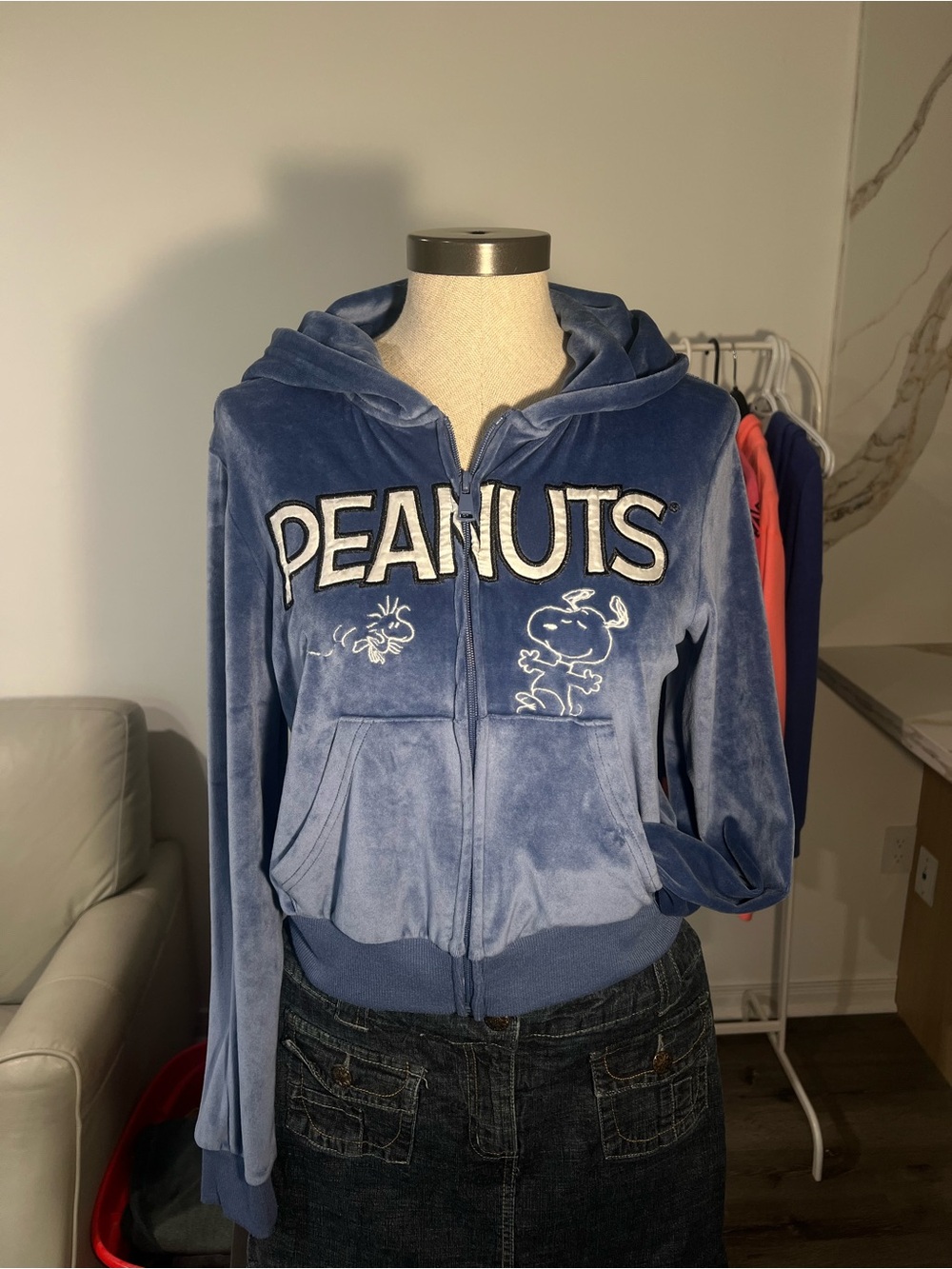 Peanuts Blue Velour Zip-Up Hoodie with Embroidered Characters